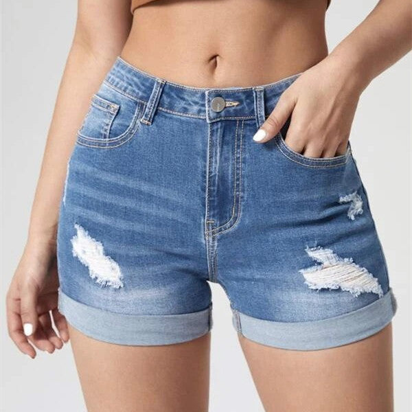 Women's Fashion Holes Curling High Elastic High Waist Denim Shorts - Chic Angle